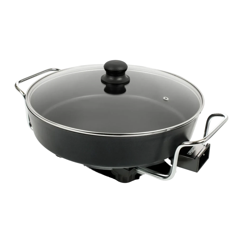 Sartén eléctrica Princess Multi Wonder Chef Pro 5,4L 1800W Negro, vista frontal: tapa de cristal con pomo negro, asas