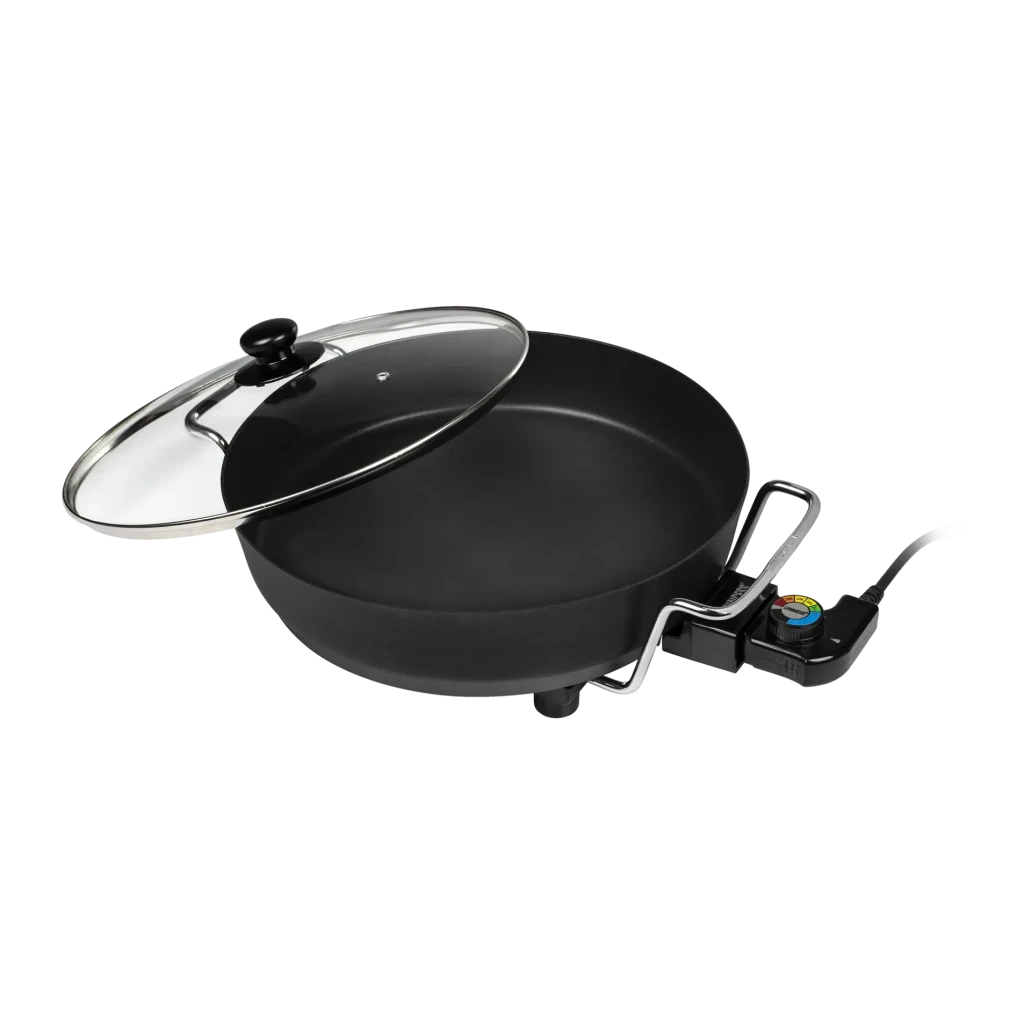 Sartén eléctrica Princess Multi Wonder Chef Pro 5,4L 1800W Negro, detalle: tapa de cristal entreabierta y mando
