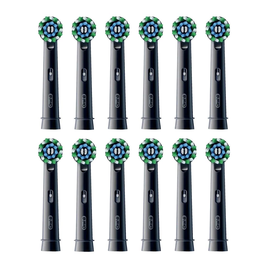 Cabeças de substituição Oral-B Pro CrossAction Pack 12 unidades Preto, vista frontal: 12 cabeças pretas com cerdas cruzadas