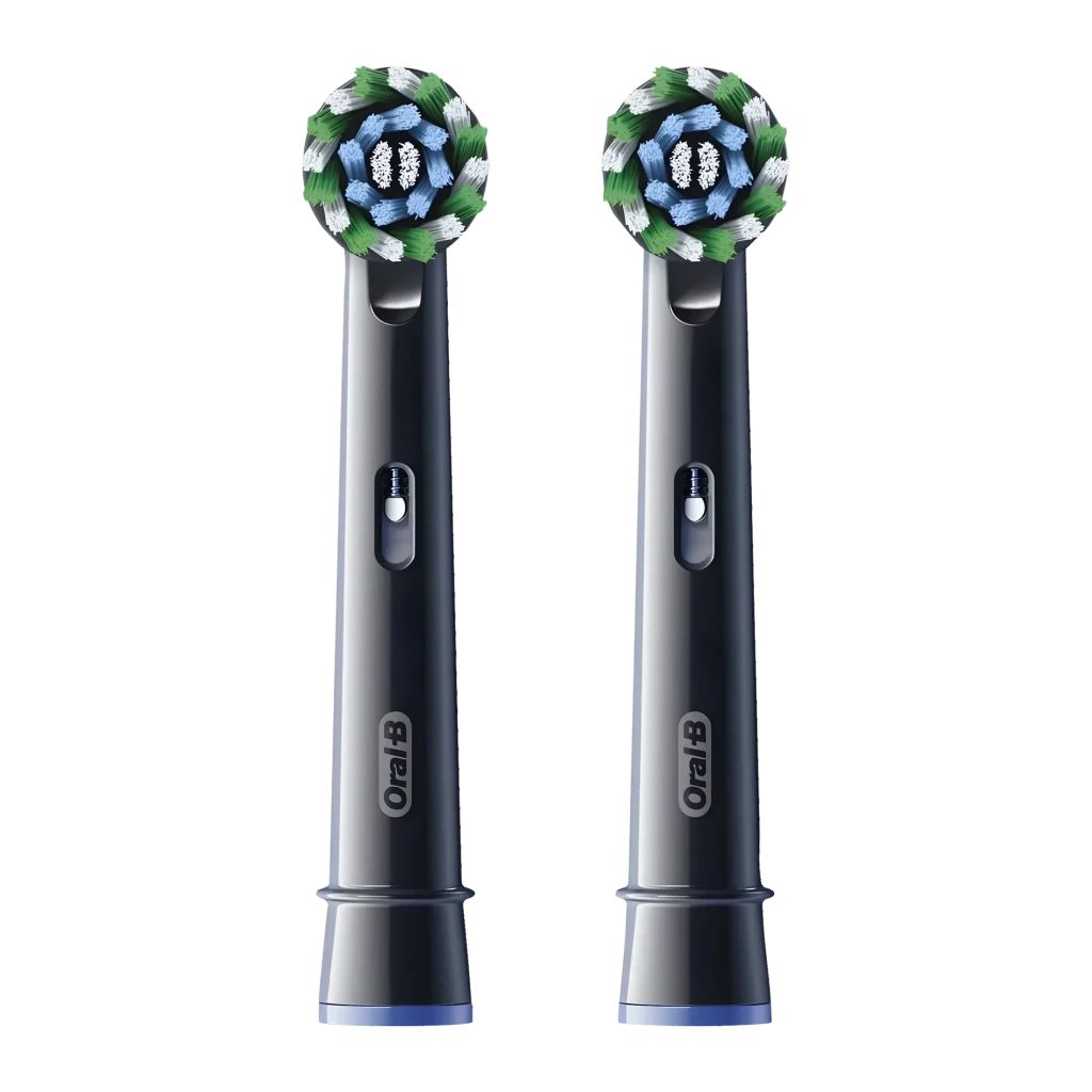 Cabeças de substituição Oral-B Pro CrossAction Pack 12 unidades Preto, detalhe: duas cabeças pretas com cerdas cruzadas