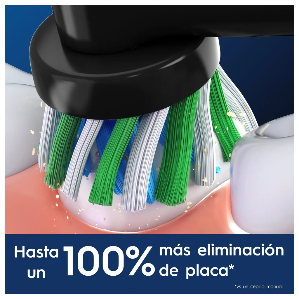 Cabeças de substituição Oral-B Pro CrossAction Pack 12 unidades Preto, em uso: macro das cerdas cruzadas verdes e brancas