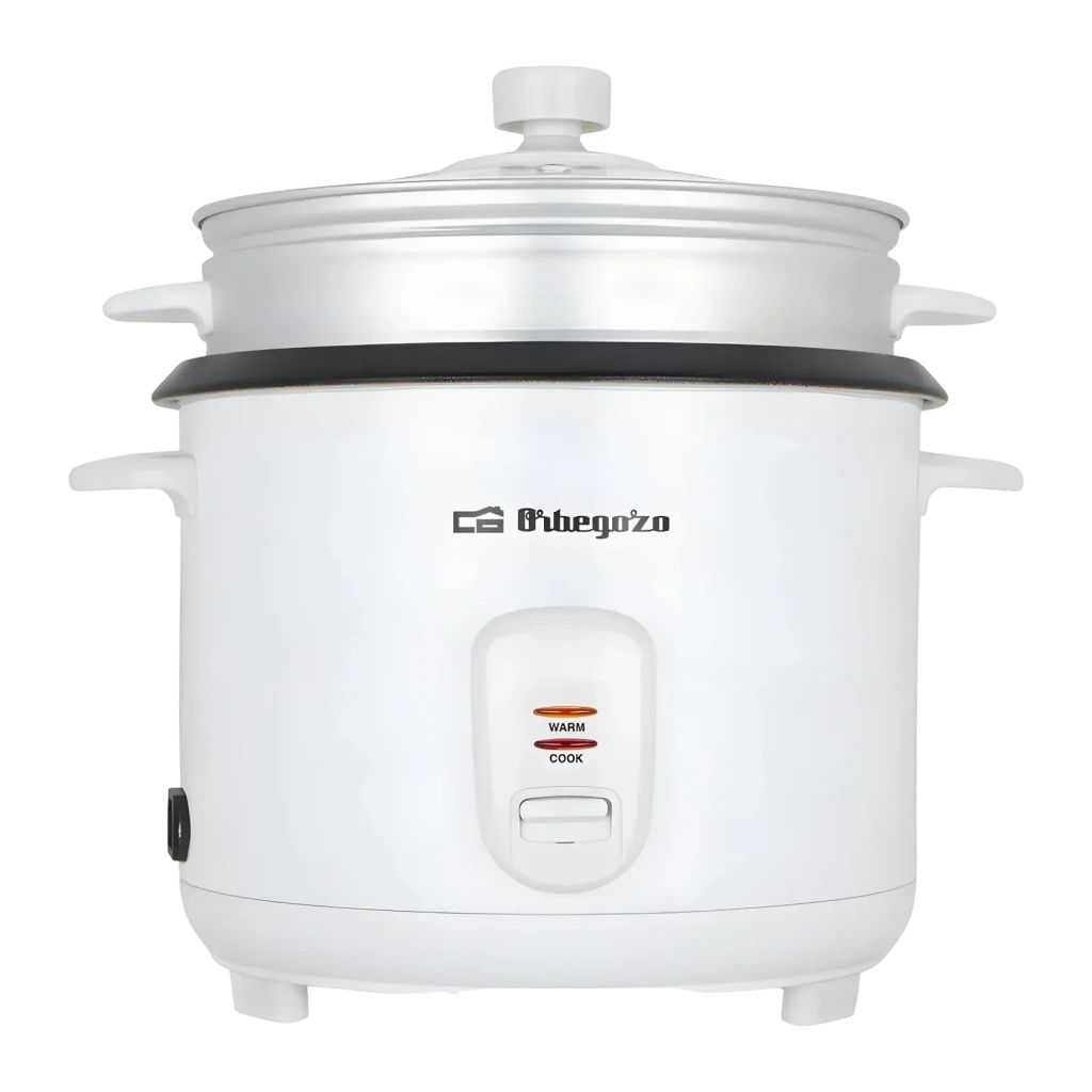 Cuiseur à riz Orbegozo 1,8L 700W Blanc CO 3031, détail avant: panier vapeur empilé, voyants WARM et COOK visibles