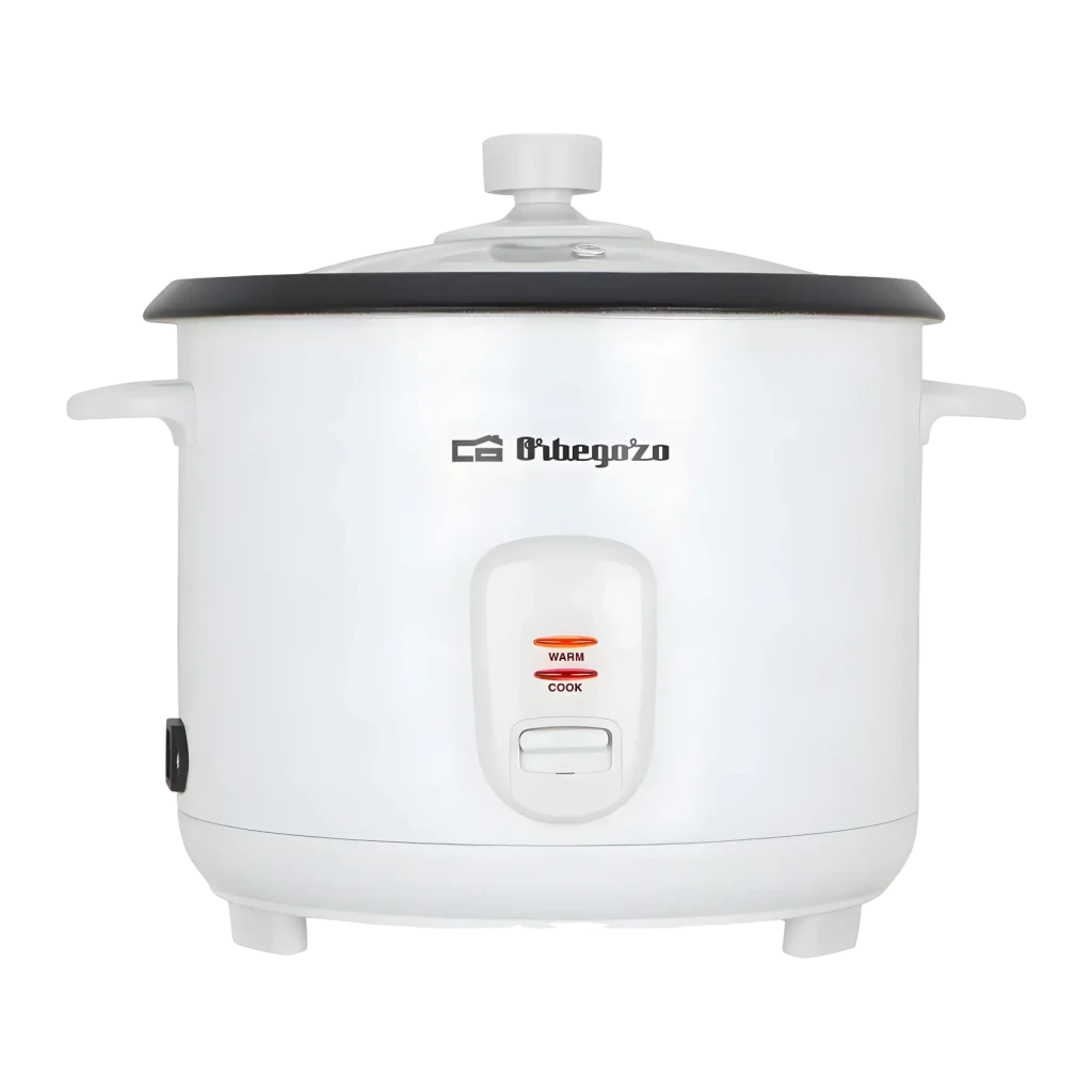 Cuiseur à riz Orbegozo 1,8L 700W Blanc CO 3031, détail avant: logo, indicateurs Warm et Cook et couvercle en verre
