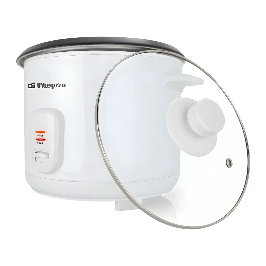 Cuiseur à riz Orbegozo 1,8L 700W Blanc CO 3031, détail: couvercle en verre retiré avec bord métallique, bouton et sélecteur