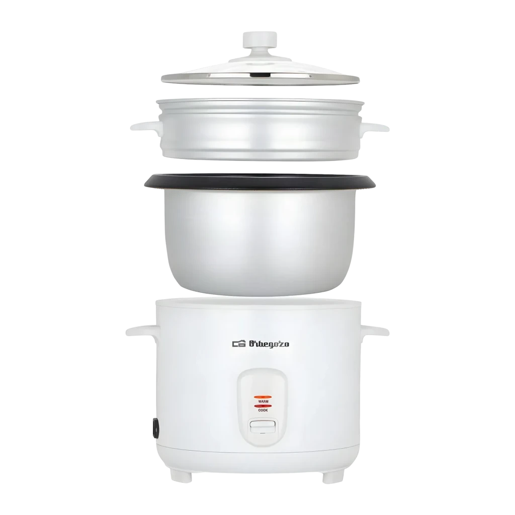 Cuiseur à riz Orbegozo 1,8L 700W Blanc CO 3031, détail: corps, cuve et panier vapeur démontés sur fond noir