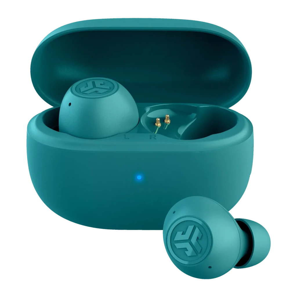 Auriculares JLab Audio Go Pop ANC Cancelación de Ruido TWS Bluetooth 5.3 Verde Azulado, detalle: estuche abierto