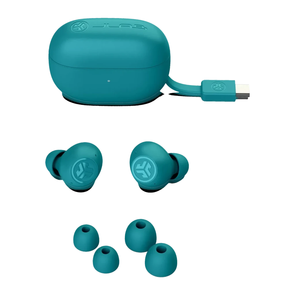 Auriculares JLab Audio Go Pop ANC Cancelación de Ruido TWS Bluetooth 5.3 Verde Azulado, detalle: estuche con cable USB-C