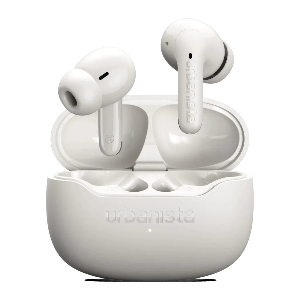 Auriculares Urbanista Palermo Cancelación de Ruido TWS Bluetooth 6.0 Blanco, vista frontal: ambos earbuds en estuche abierto