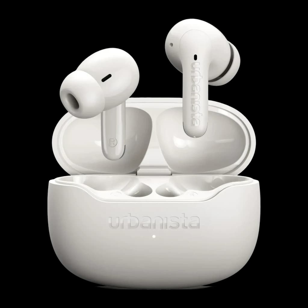 Écouteurs Urbanista Palermo Réduction de Bruit TWS Bluetooth 6.0 Blanc, vue de face: les deux écouteurs dans l'étui ouvert