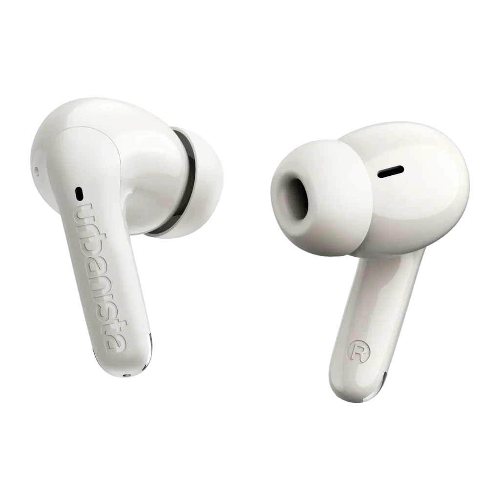 Auriculares Urbanista Palermo Cancelación de Ruido TWS Bluetooth 6.0 Blanco, detalle: ambos earbuds blancos, logo Urbanista