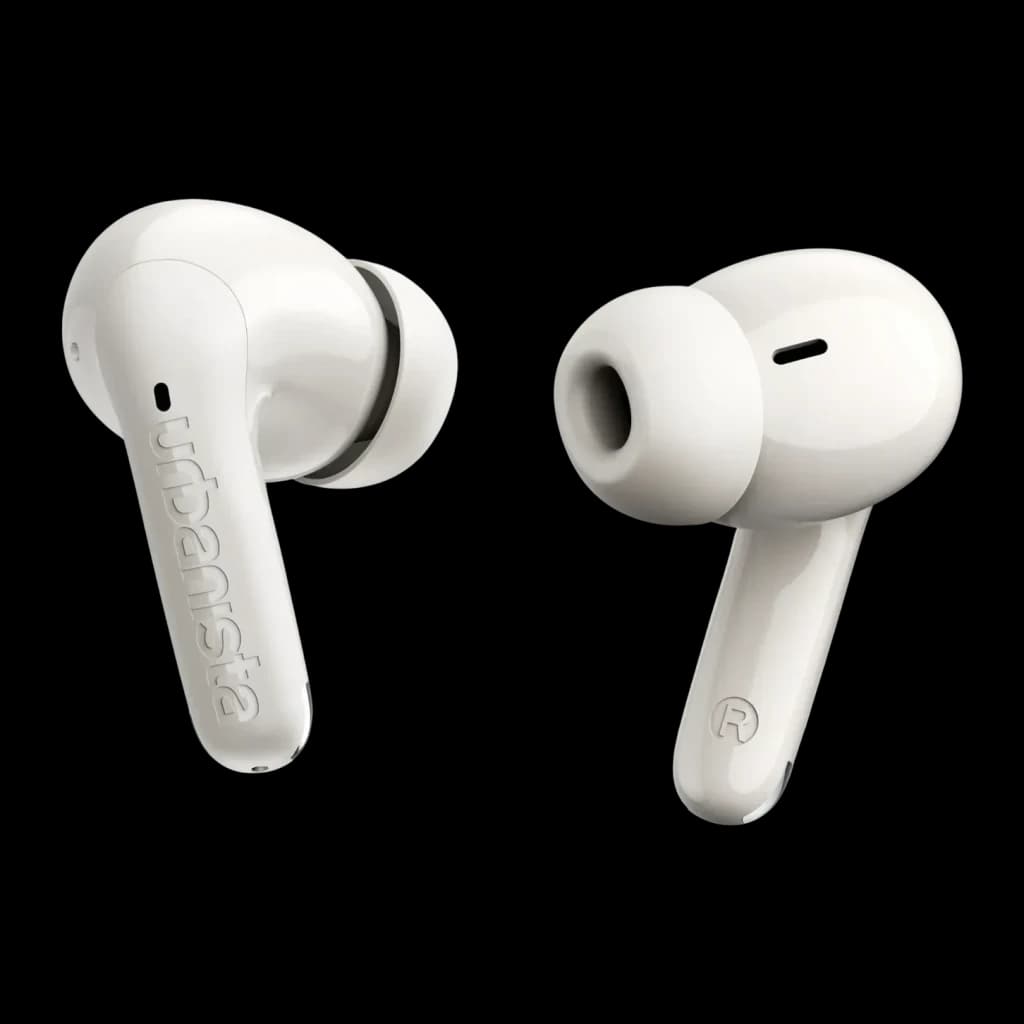 Écouteurs Urbanista Palermo Réduction de Bruit TWS Bluetooth 6.0 Blanc, détail: deux écouteurs blancs, logo Urbanista