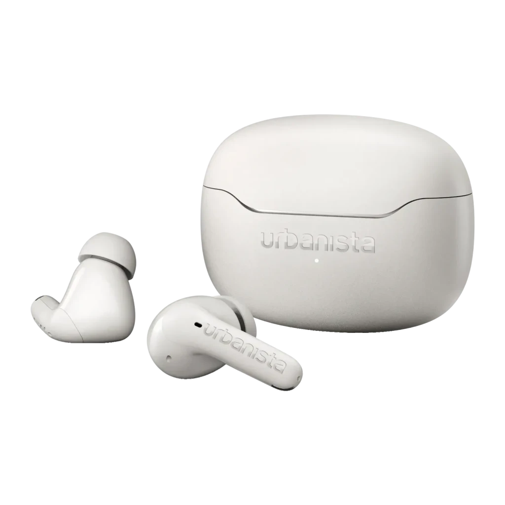 Auriculares Urbanista Palermo Cancelación de Ruido TWS Bluetooth 6.0 Blanco, detalle: dos earbuds y estuche de carga