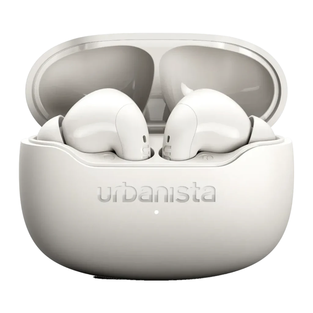 Auriculares Urbanista Palermo Cancelación de Ruido TWS Bluetooth 6.0 Blanco, detalle: estuche abierto con ambos earbuds