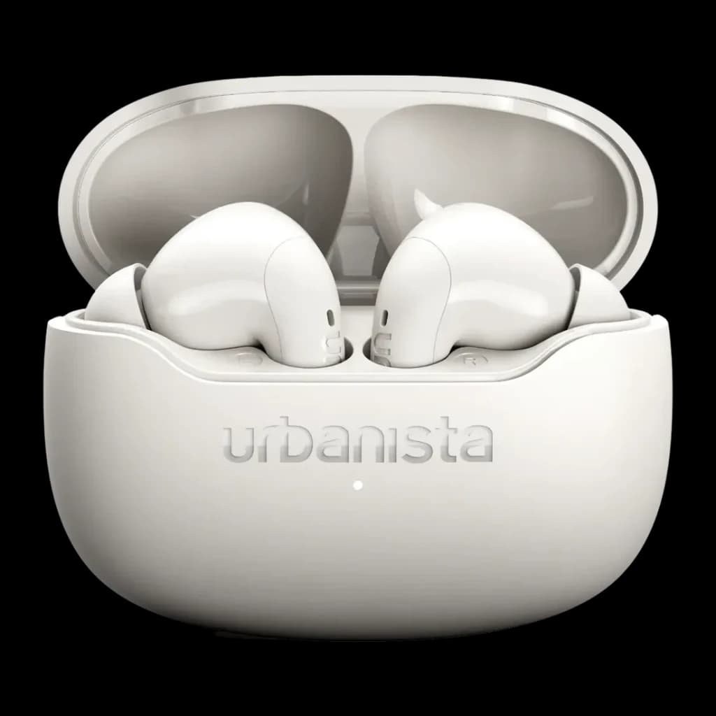 Écouteurs Urbanista Palermo Réduction de Bruit TWS Bluetooth 6.0 Blanc, détail: boîtier ouvert avec les deux écouteurs à