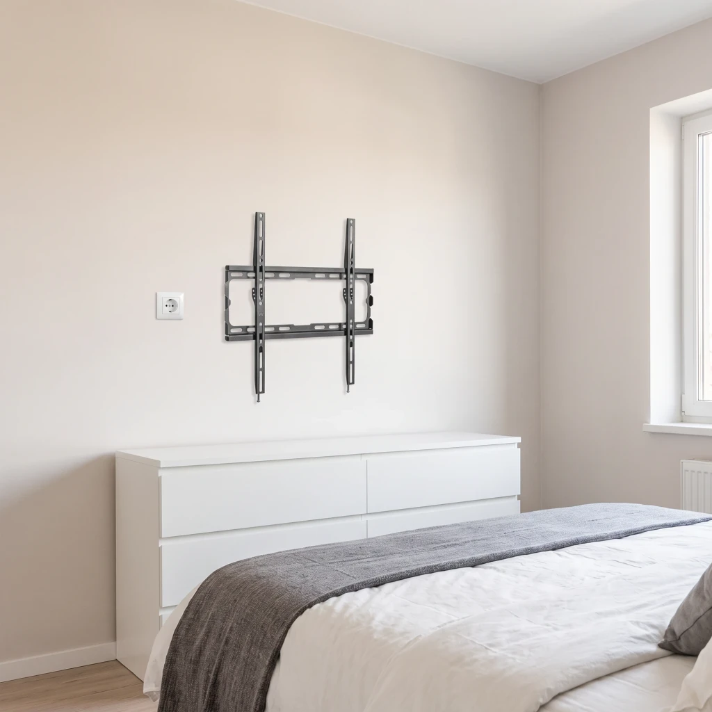 Support TV Ewent Noir Mural Fixe 32-70 pouces EW1502, en situation: fixé au mur d'une chambre au-dessus d'une commode