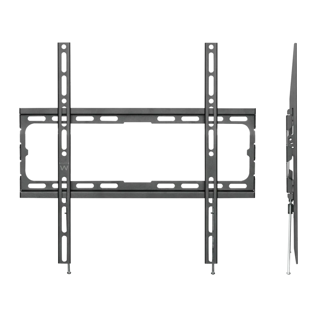 Support TV Ewent Noir Mural Fixe 32-70 pouces EW1502, détail: vue de face et de profil du cadre métallique avec fentes VESA