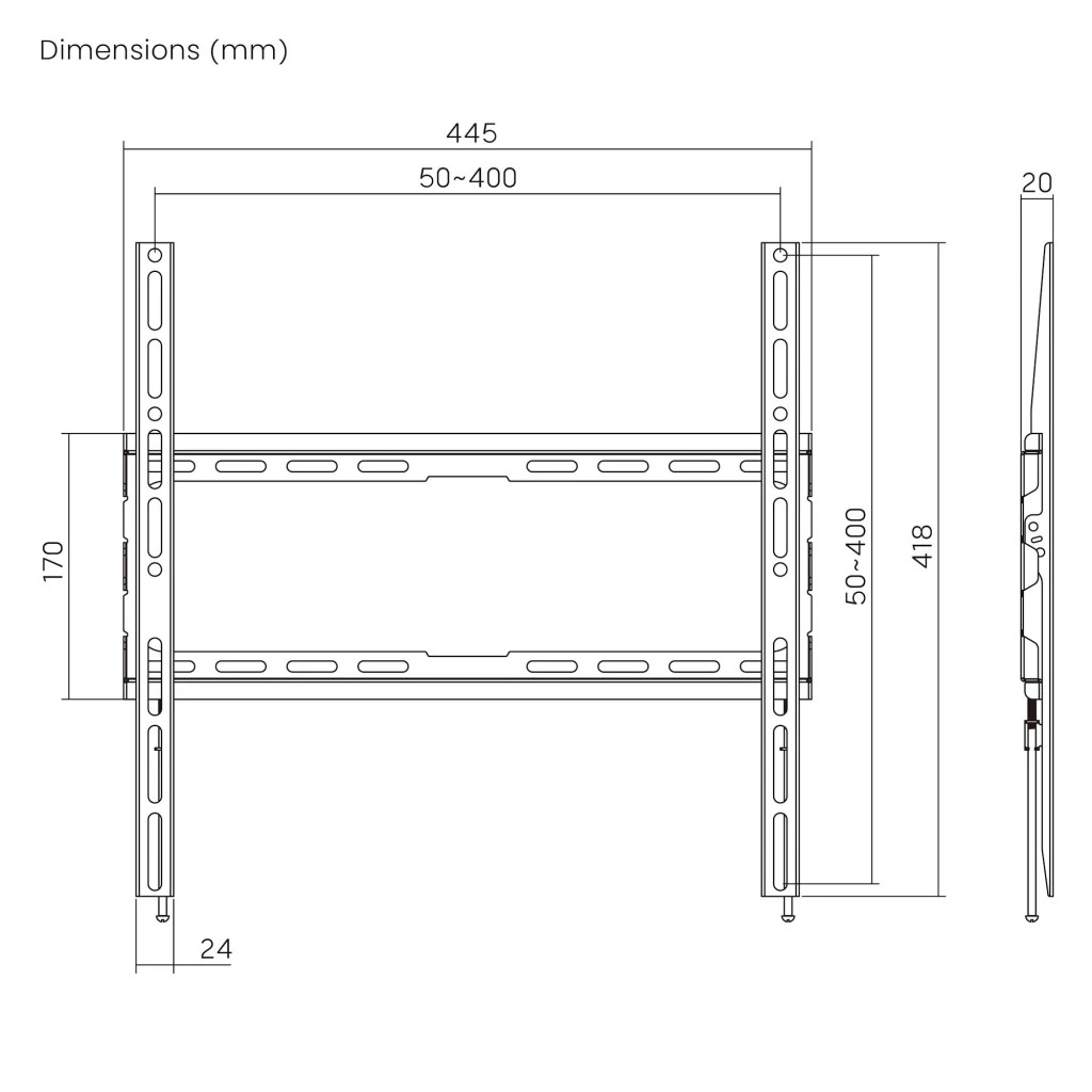 Support TV Ewent Noir Mural Fixe 32-70 pouces EW1502, schéma technique: cotes 445×418mm, VESA 50-400, profil latéral 20mm