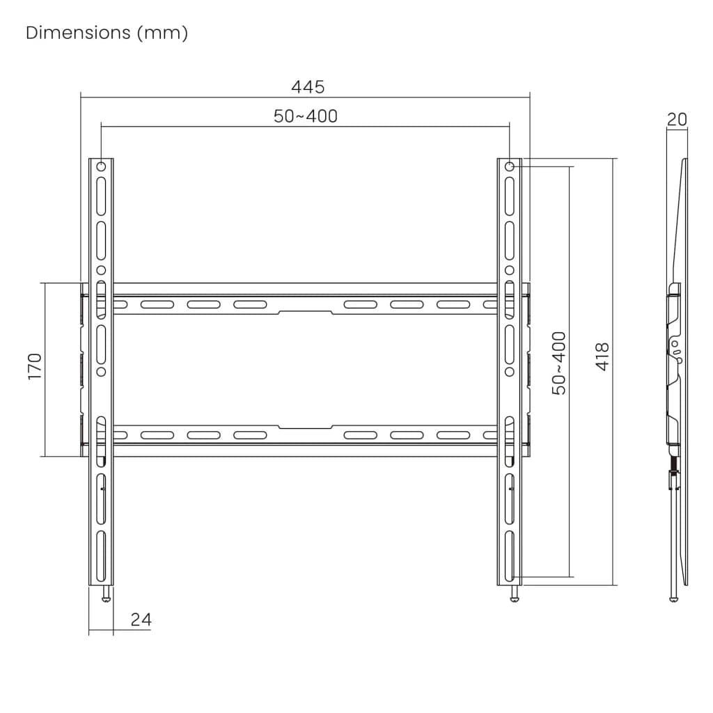 Support TV Ewent Noir Mural Fixe 32-70 pouces EW1502, schéma technique: cotes 445×418mm, VESA 50-400, profil latéral 20mm