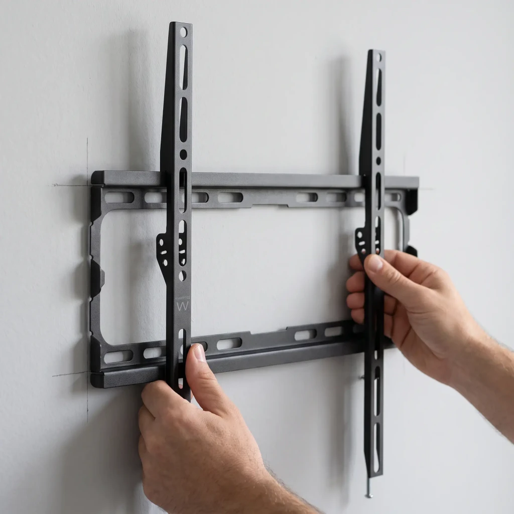 Support TV Ewent Noir Mural Fixe 32-70 pouces EW1502, en utilisation: mains fixant le support métallique sur un mur blanc