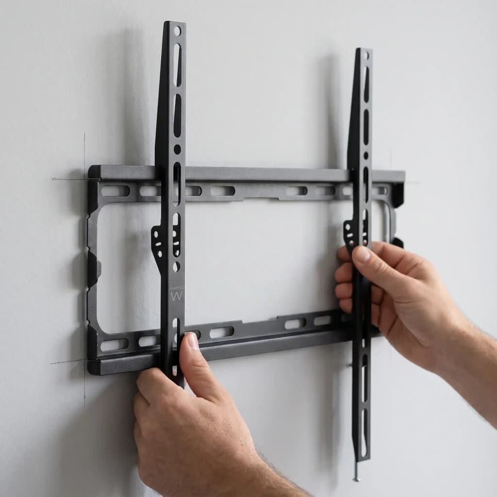 Support TV Ewent Noir Mural Fixe 32-70 pouces EW1502, en utilisation: mains fixant le support métallique sur un mur blanc