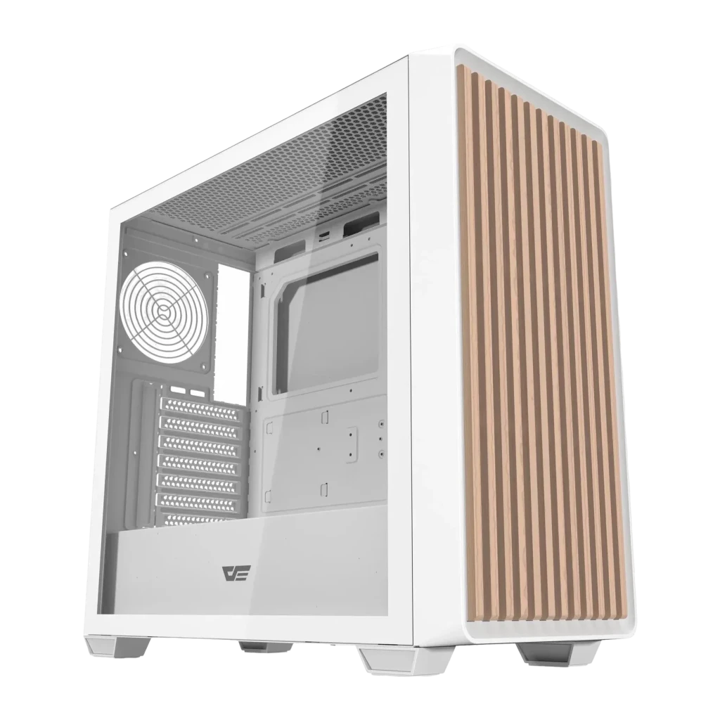 Caja PC Darkflash Cristal Templado ATX Blanco DS900WD, vista frontal: panel lateral de vidrio, ventilador trasero y panel