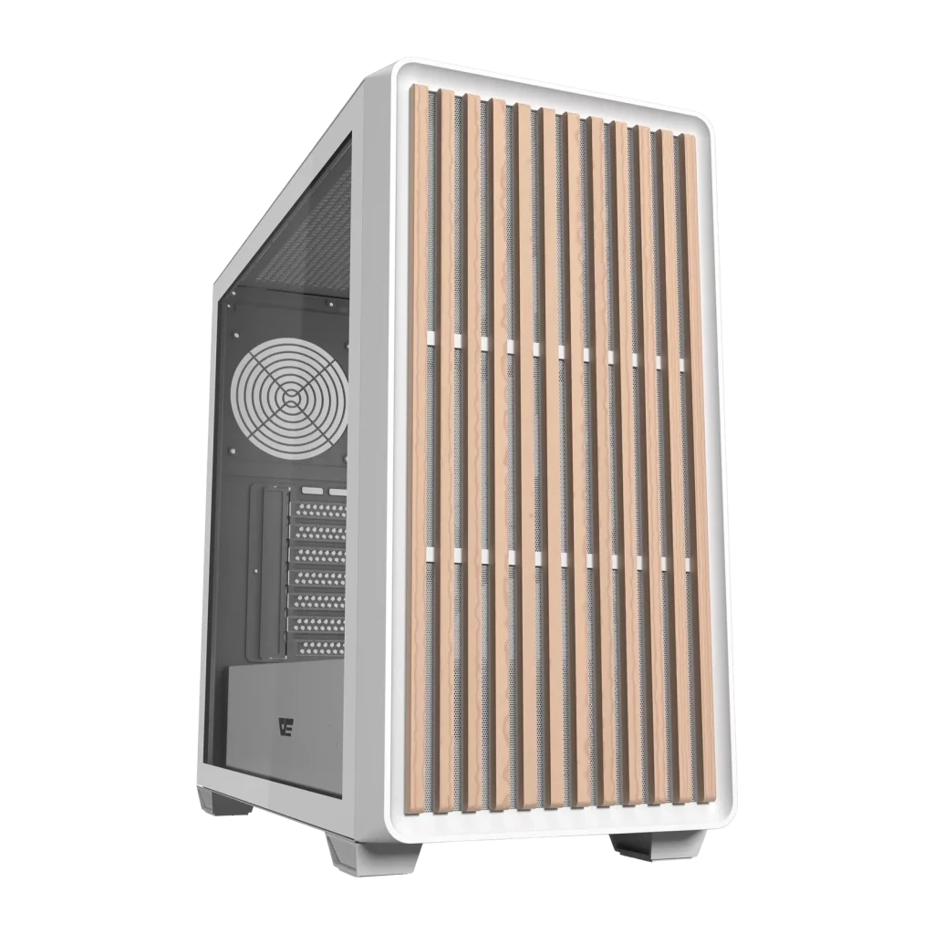 Caja PC Darkflash Cristal Templado ATX Blanco DS900WD, detalle: panel frontal con listones de madera y lateral de cristal