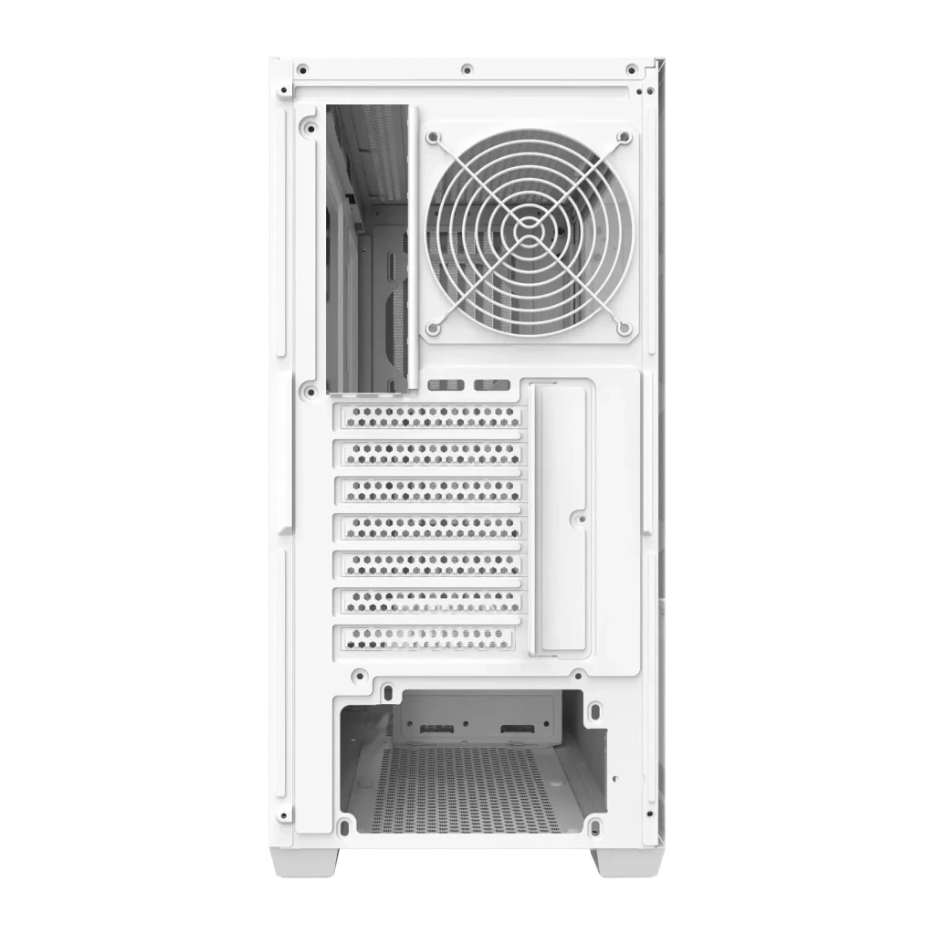 Caja PC Darkflash Cristal Templado ATX Blanco DS900WD, vista trasera: ventilador trasero, ranuras de expansión y hueco