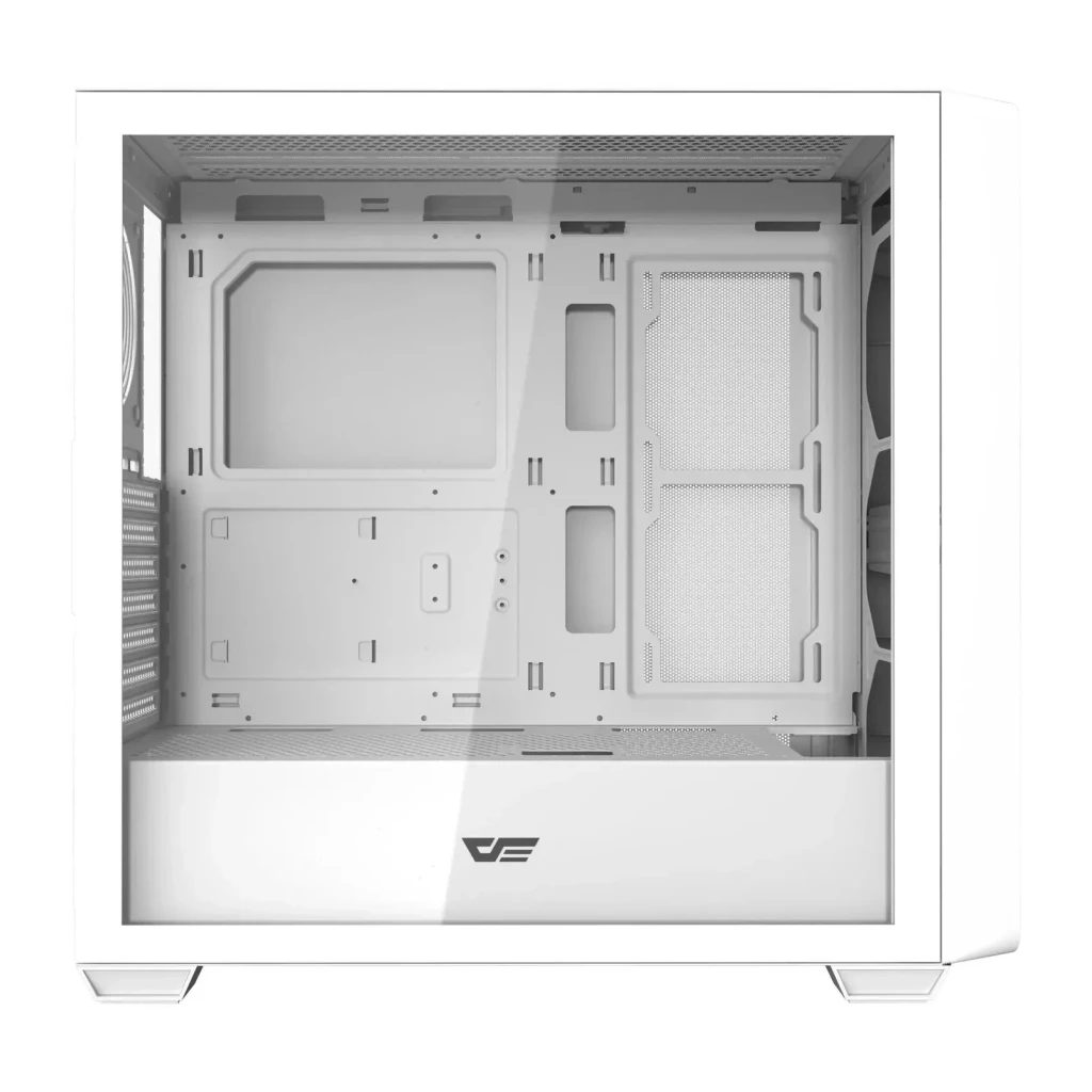 Caja PC Darkflash Cristal Templado ATX Blanco DS900WD, detalle: interior blanco con bandeja motherboard, zona PSU y panel