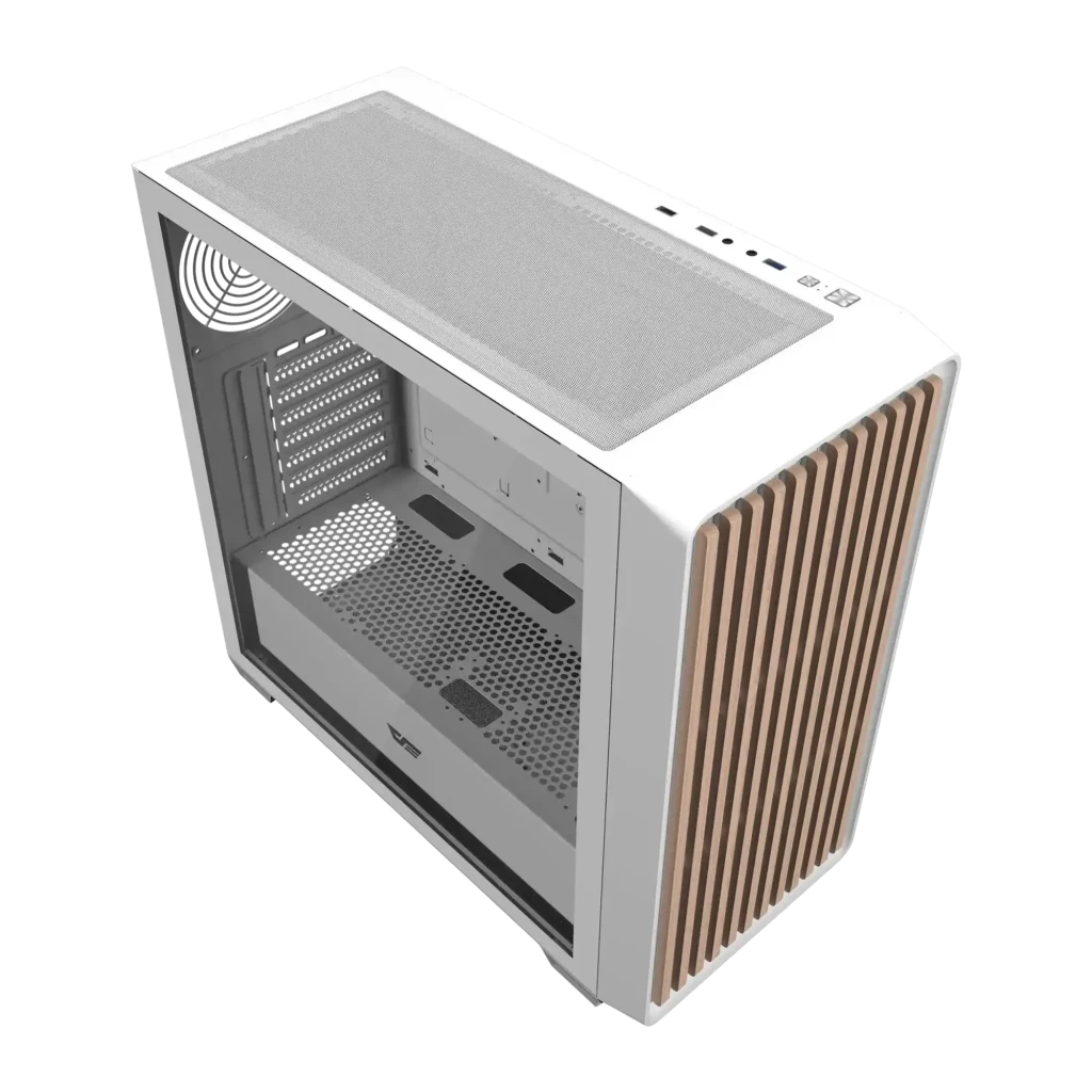 Caja PC Darkflash Cristal Templado ATX Blanco DS900WD, detalle: vista en ángulo con listones de madera en panel lateral