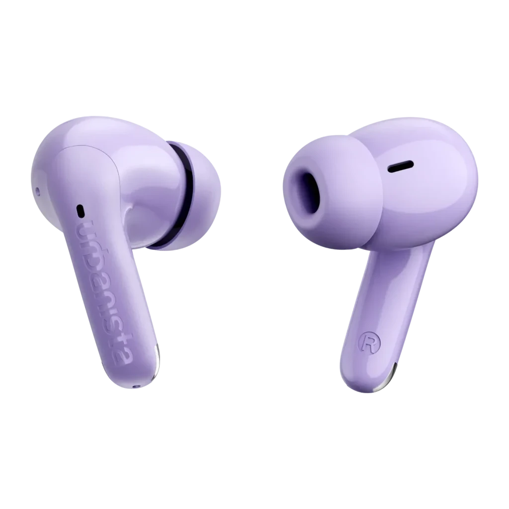 Auriculares Urbanista Palermo Cancelación de Ruido TWS Bluetooth 6.0 Lavanda, detalle: logo Urbanista en tallo izquierdo