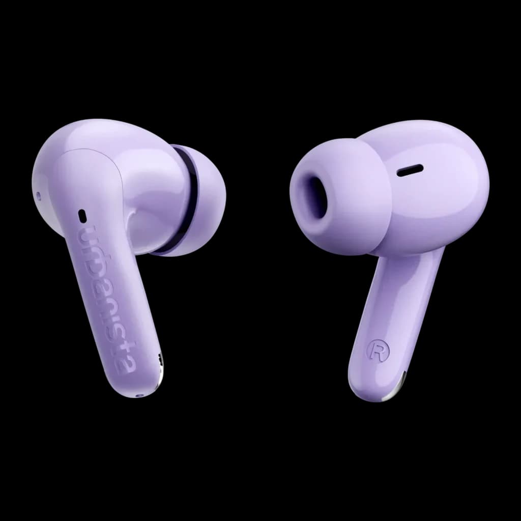 Auriculares Urbanista Palermo Cancelación de Ruido TWS Bluetooth 6.0 Lavanda, detalle: logo Urbanista en tallo izquierdo