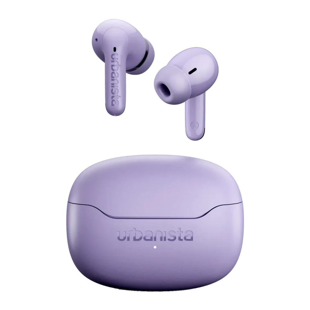 Auriculares Urbanista Palermo Cancelación de Ruido TWS Bluetooth 6.0 Lavanda, detalle: dos earbuds flotando sobre estuche