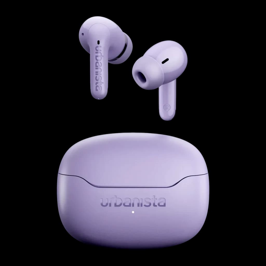 Auriculares Urbanista Palermo Cancelación de Ruido TWS Bluetooth 6.0 Lavanda, detalle: dos earbuds flotando sobre estuche