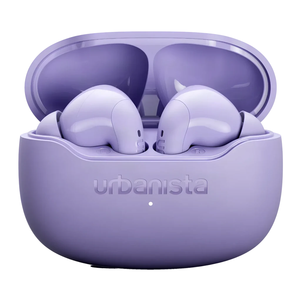 Auriculares Urbanista Palermo Cancelación de Ruido TWS Bluetooth 6.0 Lavanda, detalle: estuche abierto con ambos earbuds