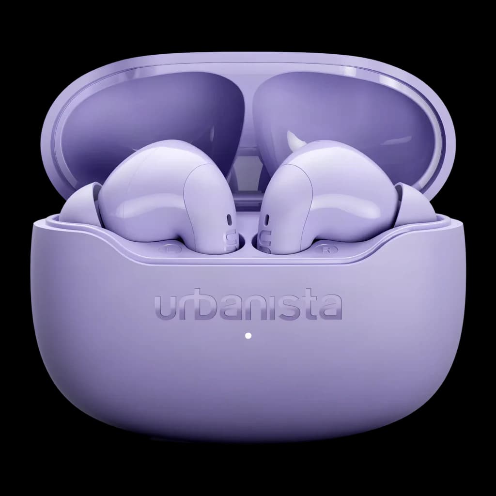 Auriculares Urbanista Palermo Cancelación de Ruido TWS Bluetooth 6.0 Lavanda, detalle: estuche abierto con ambos earbuds