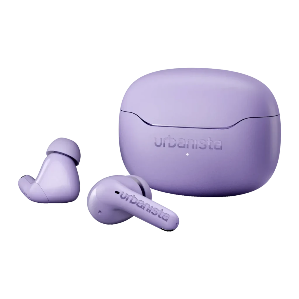 Auriculares Urbanista Palermo Cancelación de Ruido TWS Bluetooth 6.0 Lavanda, detalle: dos earbuds y estuche lavanda