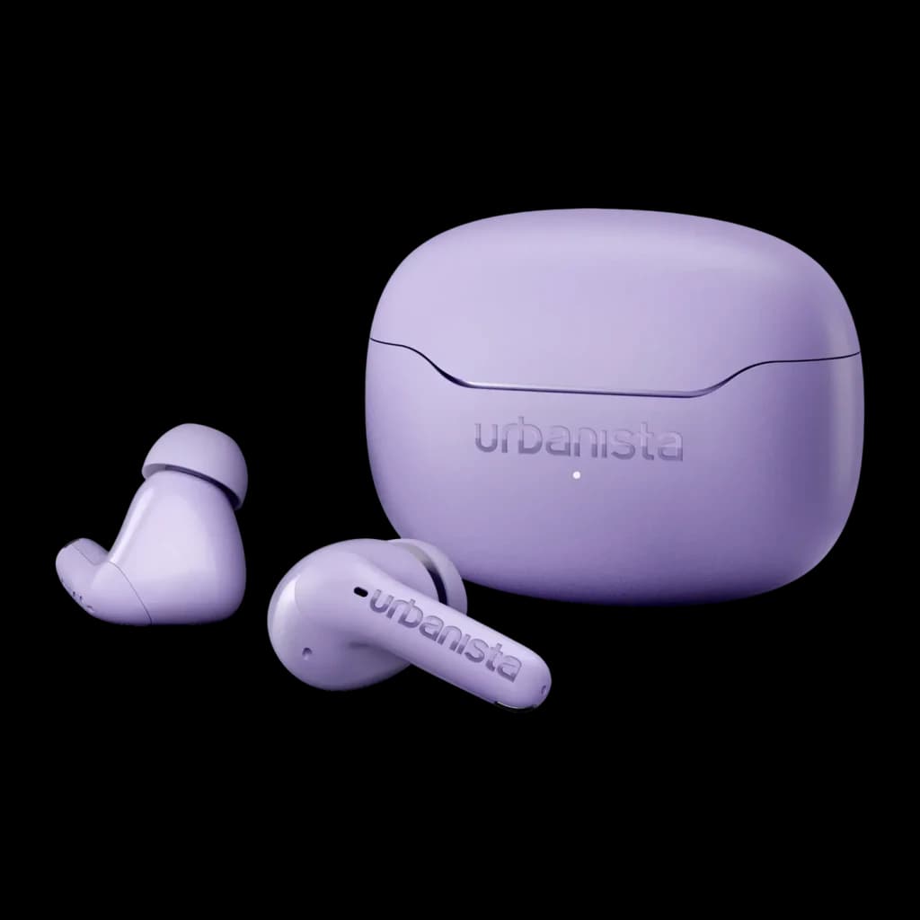 Auriculares Urbanista Palermo Cancelación de Ruido TWS Bluetooth 6.0 Lavanda, detalle: dos earbuds y estuche lavanda
