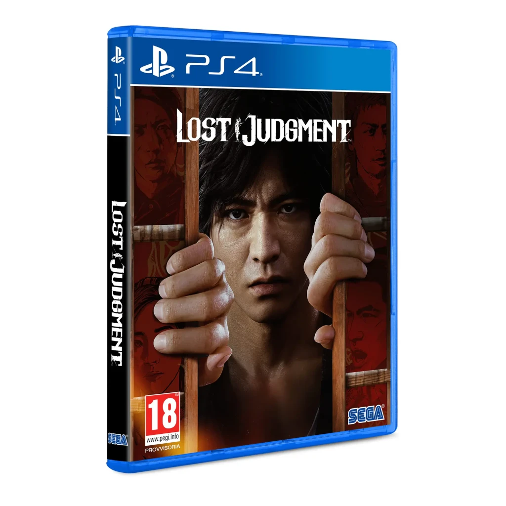 Videojuego SEGA Lost Judgment Edición Estándar PS4, detalle: caja en ángulo con portada del protagonista agarrando barrotes