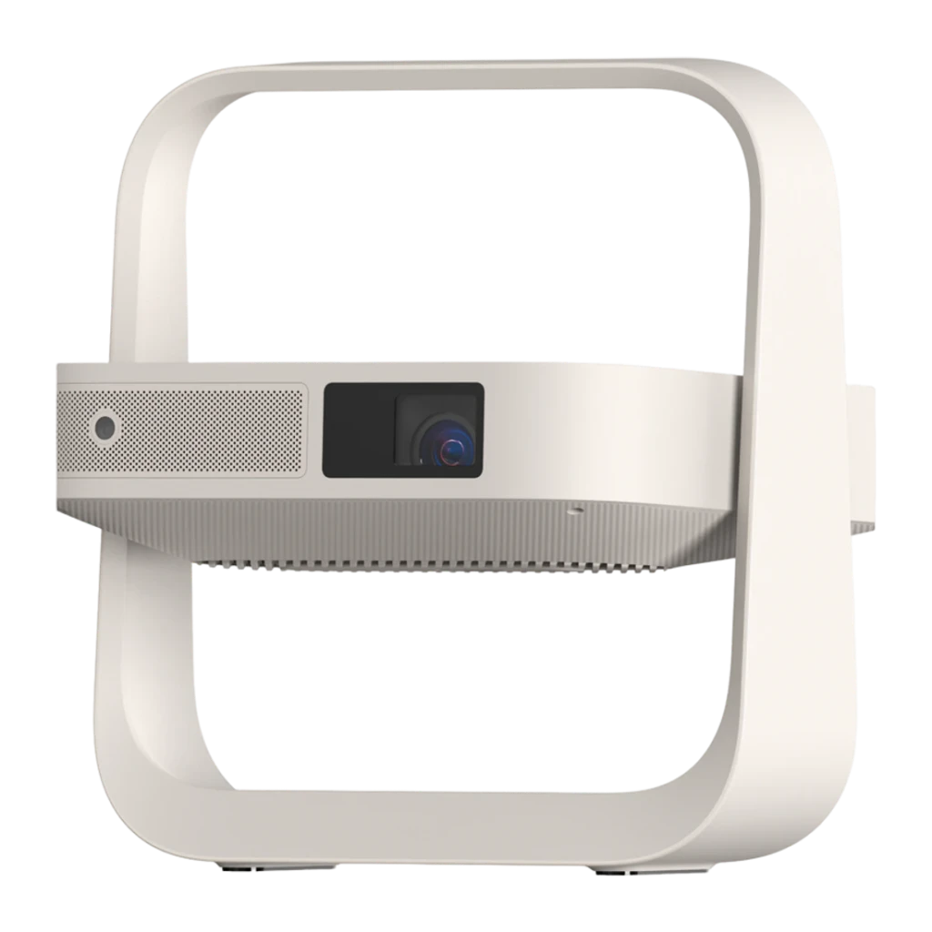 Proyector XGIMI Elfin Flip Plus Full HD 1080p 500 lúmenes ISO LED DLP Google TV Beige, detalle: lente DLP y rejilla altavoz