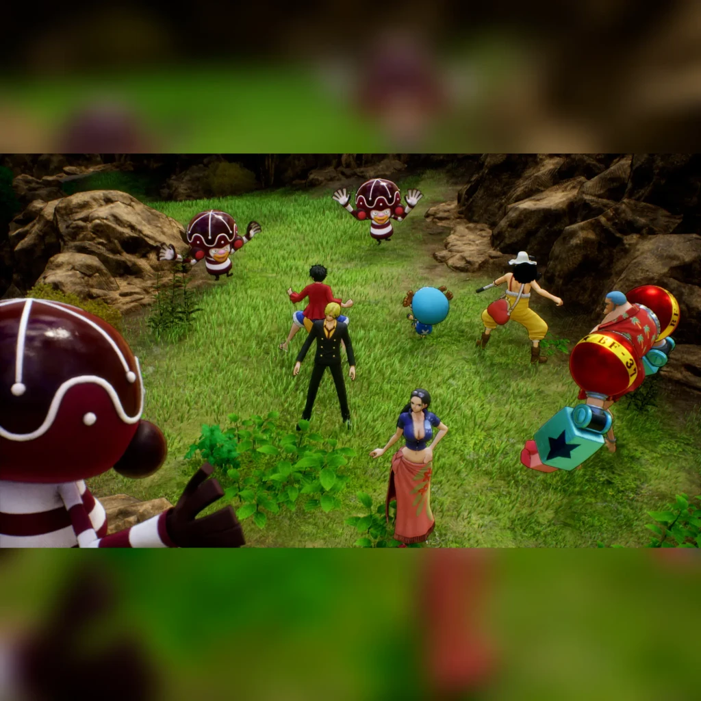 Videojuego Bandai Namco Entertainment One Piece: Odyssey Estándar PS5, en uso: personajes en combate en pradera con enemigos