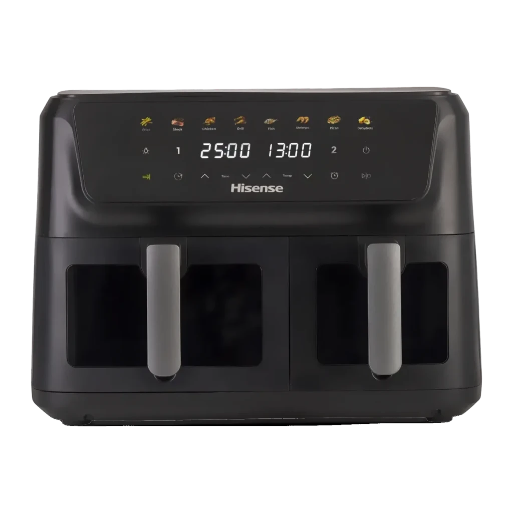 Freidora de aire Hisense 11L Doble cesta 2700W Negro HAF2700DCD, vista frontal: panel táctil con iconos de programas, dos