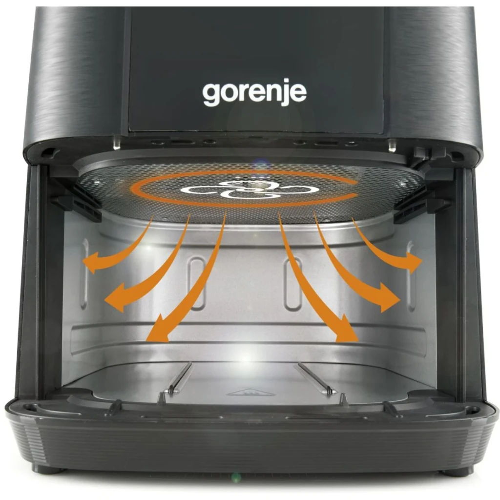 Freidora de Aire Gorenje 5,4L 1350W 8 Programas Negro AF1350DWB, interior: cavidad abierta con ventilador y flechas