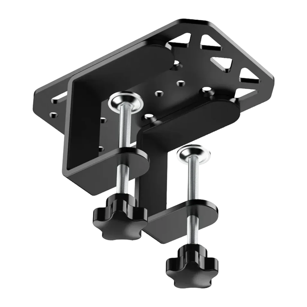 Soporte de sobremesa PXN ZD1 PC Negro, detalle: abrazadera inferior con tornillos metálicos y tuercas de apriete en negro