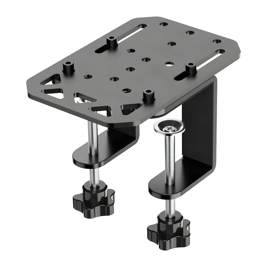 Soporte de sobremesa PXN ZD1 PC Negro, detalle: plataforma perforada y dos abrazaderas con tornillos en ángulo isométrico
