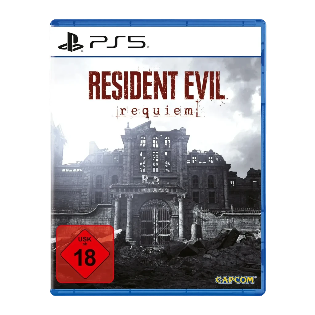 Videojuego Capcom Resident Evil Requiem Estándar PS5, vista frontal: caja azul con edificio en ruinas y clasificación USK 18