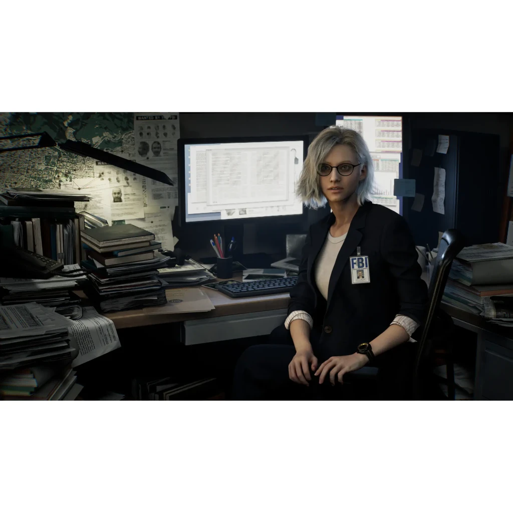 Videojuego Capcom Resident Evil Requiem Estándar PS5, en uso: agente FBI con gafas en oficina oscura llena de expedientes
