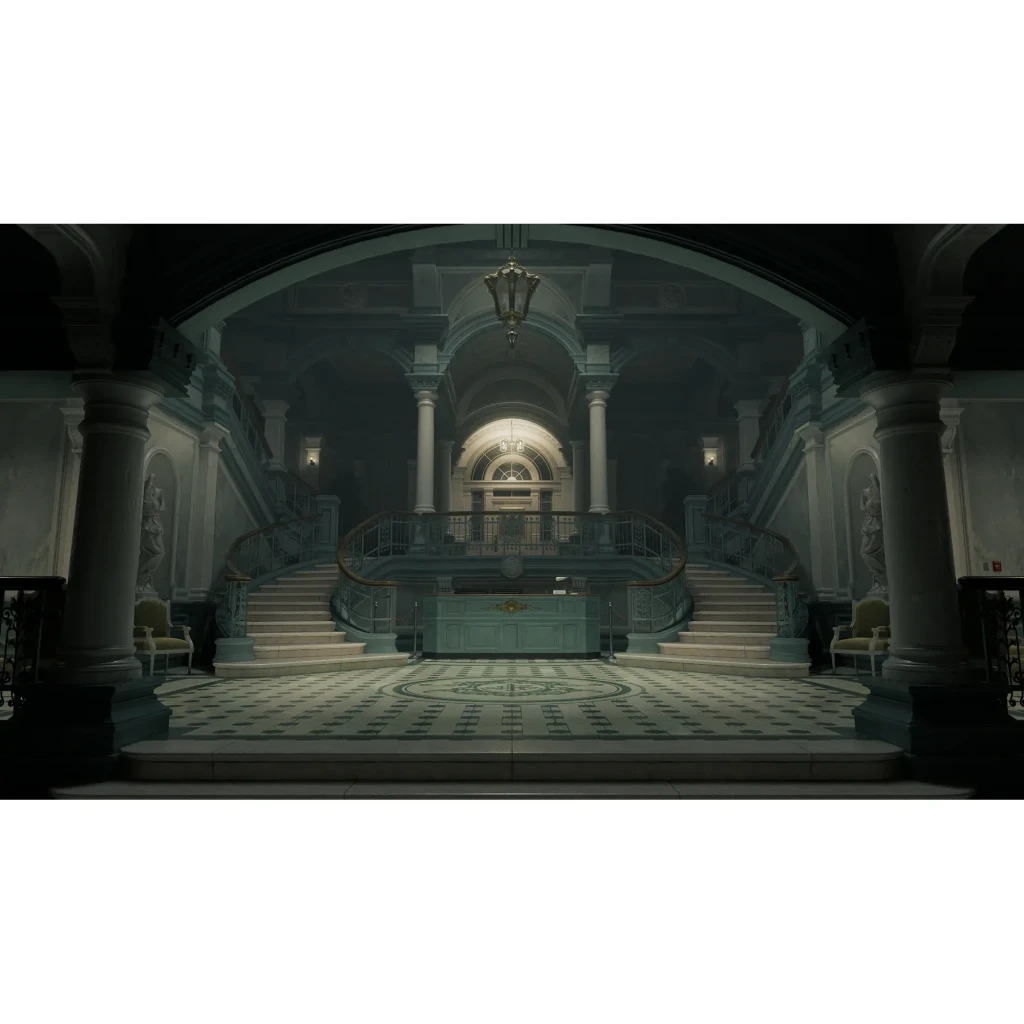 Videojuego Capcom Resident Evil Requiem Estándar PS5, en uso: gran vestíbulo gótico con escalinata doble y columnas