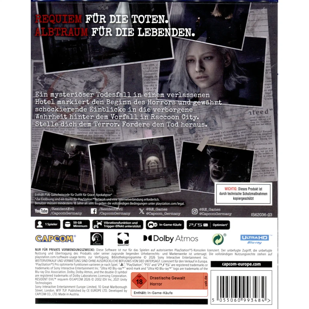 Videojuego Capcom Resident Evil Requiem Estándar PS5, vista trasera: carátula posterior en alemán con personaje femenino