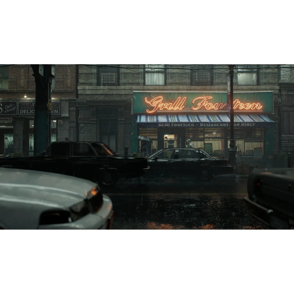 Videojuego Capcom Resident Evil Requiem Estándar PS5, en uso: calle lluviosa nocturna con neón Grill Fourteen y coches