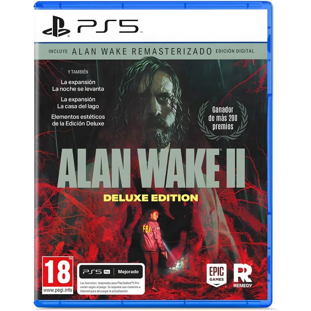 Videojogo Remedy Entertainment Alan Wake 2 Deluxe Edition PS5, vista frontal: caixa azul PS5 com arte sombria, título